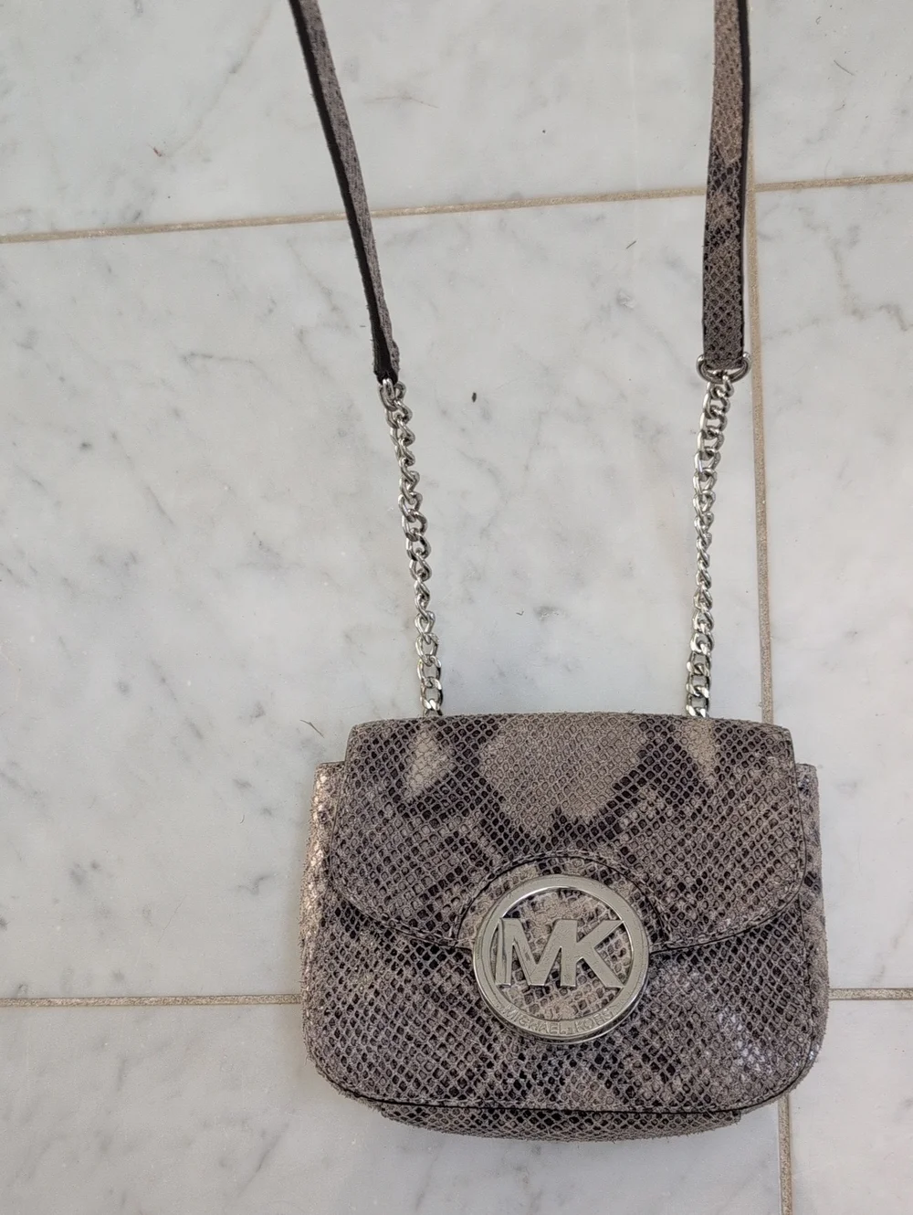 Michael Kors Silver-Gray Snake Embossed Mini Crossbody